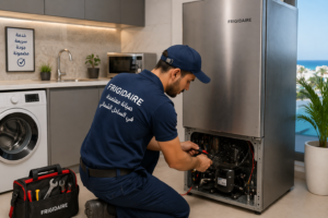 فني فريجيدير يقوم بإصلاح الثلاجة داخل المنزل في الساحل الشمالي مع خدمة صيانة منزلية سريعة