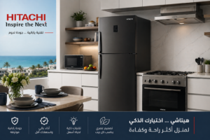 أجهزة هيتاشي المنزلية داخل مطبخ عصري في الساحل الشمالي تشمل ثلاجة وبوتاجاز وميكروويف بتصميم حديث