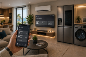 أجهزة LG المنزلية الذكية داخل منزل في الساحل الشمالي تشمل ثلاجة وغسالة وتكييف مع تحكم عبر الهاتف