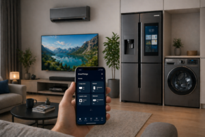 أجهزة سامسونج المنزلية الذكية داخل منزل في الساحل الشمالي تشمل ثلاجة وغسالة وتكييف مع تحكم ذكي